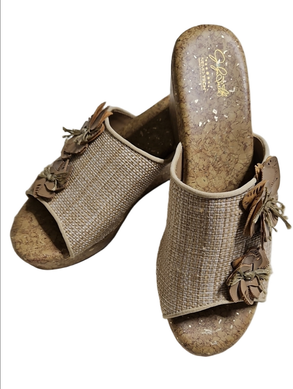Tan Woven Slide Mules with Floral Leather Accents